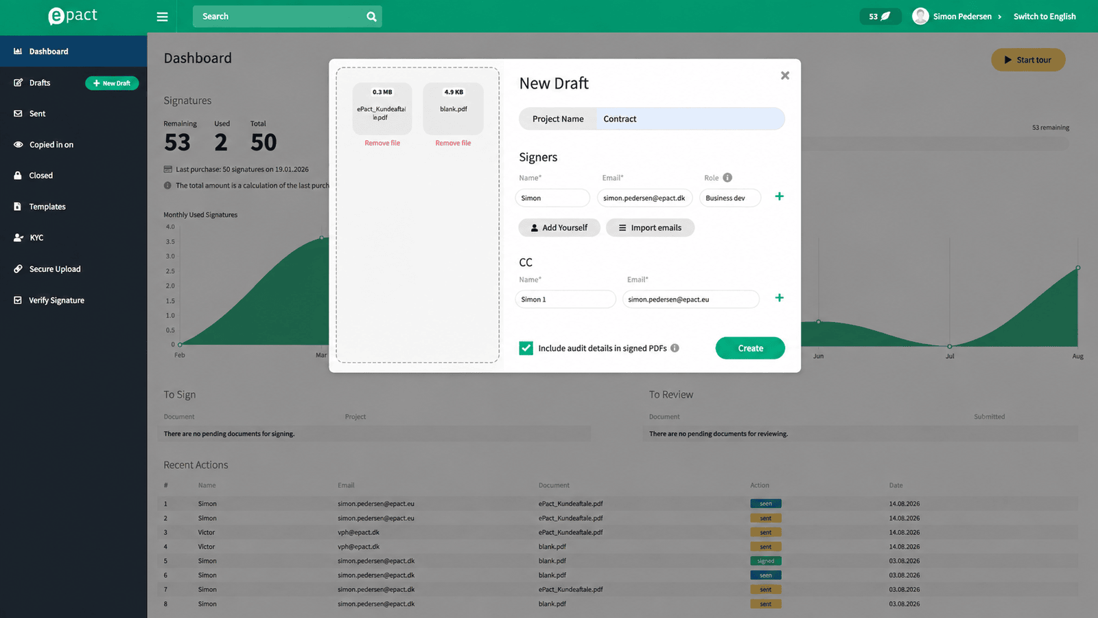 ePact Sign view for sending documents